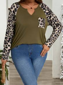 SHEIN VCAY Große Größen T-Shirt mit Leopardenmuster und genutetem Hals, Mode-Langarm Shirt
