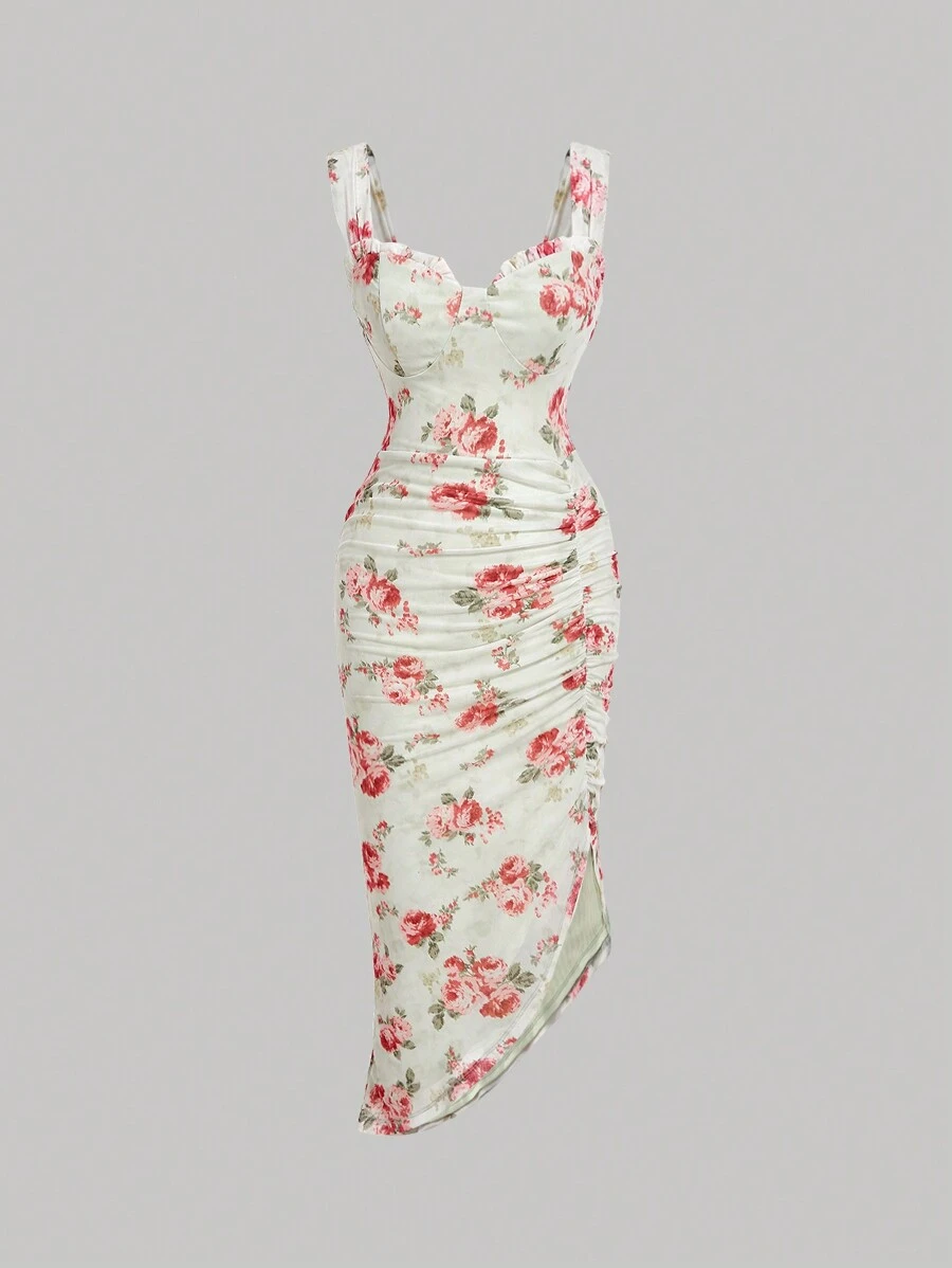 SHEIN MOD Women's Eleagnt Sleeveless Floral Printed Ruched Dress - Apricot - View 1