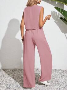 SHEIN Frenchy Women's Solid Color Simple Daily Wear Sleeveless Top And Long Pants Vacation 2pcs Set