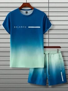 Manfinity LEGND Men's Summer Letter Ombre Printed Round Neck Casual Short Sleeve T-Shirt And Drawstring Waist Shorts Set - Multicolor - View 3
