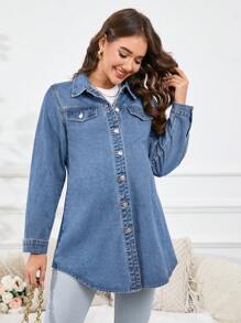 SHEIN Maternity Front Button Denim Jacket With Fake Pockets, Long Sleeve, Casual Wear