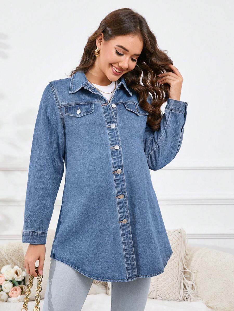 SHEIN Maternity Front Button Denim Jacket With Fake Pockets, Long Sleeve, Casual Wear