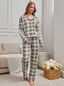 EURMUSE 2Pcs  Plaid Printed Collar Detail PJ Set - Multicolor - View 3