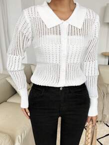 SHEIN LUNE Camisa feminina casual sólida com lapela Vazada, camisa de manga longa com botões, ideal para férias. - Branco - Visão 4