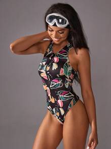 VARSITIE 運動款夏季衝浪基本印花連身衣，加胸罩杯 - 黑色 - 查看 3