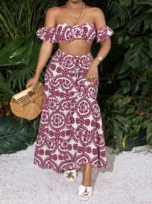 SHEIN SXY Women's Sleeveless Printed Bustier Top And Vacation Matching Skirt Two-Piece Set