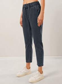 EURMUSE 休闲抽绳腰部锥形牛仔裤，具有水洗效果 - 灰色 - 查看 3