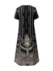 EMERY ROSE 大码女式休闲短袖印花连衣裙，适合日常穿着，女式夏季服装 - 黑色 - 查看 2