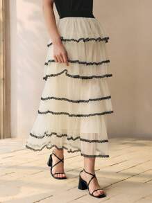 MOTF PREMIUM CONTRAST LACE RUFFLE LAYERED SKIRT - White - View 6