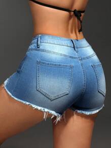 SHEIN SXY Shorts casuales de mezclilla para mujer de estilo simple de unicolor - Azul lavado medio - Ver 3