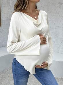 SHEIN Maternity Spring/Summer Casual Solid Color Draped Neck Flare Sleeve Shirt - Apricot - View 3
