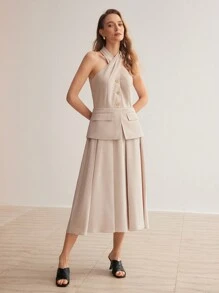 MOTF PREMIUM SOLID PEPLUM WAIST FOLD PLEATED HEM 2 IN 1 CRISSCROSS HALTER DRESS