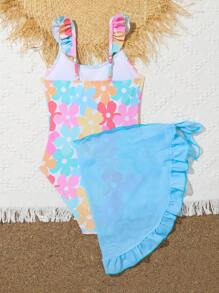 Young Girl One Piece Swimsuit With Colorful Floral Print And Ruffle Skirt - Multicolor - View 2