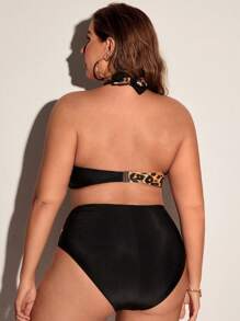SHEIN Swim Curve Ensemble bikini à imprimé léopard contrasté grande taille avec découpe ras-du-cou, parfait pour la plage d'été - Multicolore - Voir 2