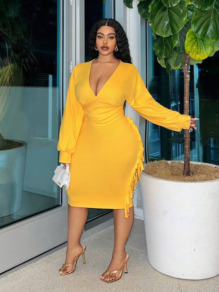 Slaydiva Plus Size Women's Slim Fit Solid Yellow Deep V-Neck Long