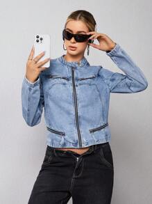 SHEIN EZwear 女士拉链洗水牛仔夹克 - 藍色 - 查看 1