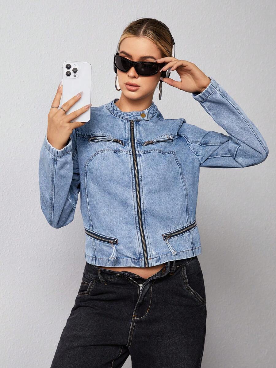 SHEIN EZwear 女士拉链洗水牛仔夹克 - 藍色 - 查看 1