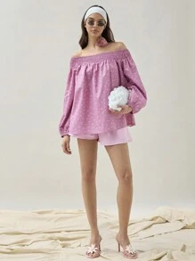 COSMINA Top de hombros descubiertos con manga de lámpara y estampado completo casual para mujer en primavera/verano - Multicolor - Ver 3