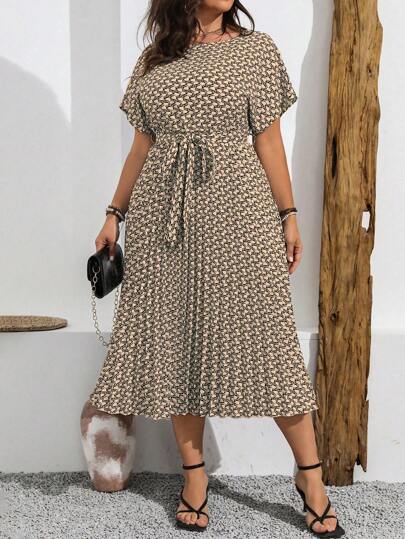 Vionelle Plus Size Boho Summer Casual Allover Print Batwing Sleeve Dress With Pleated Hem Women Outfit