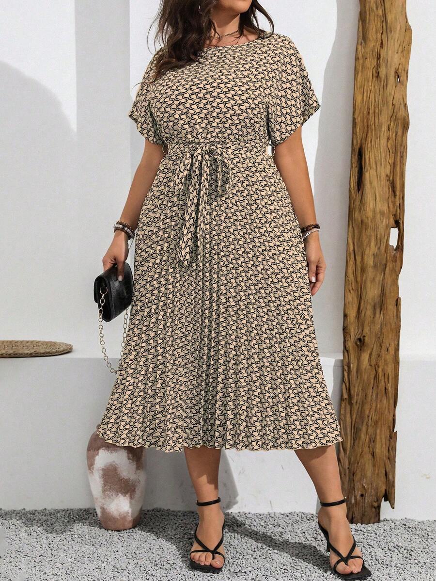 Vionelle 大码波西米亚风夏季休闲全身印花蝙蝠袖连衣裙，带褶边女装 - 卡其色 - 查看 1