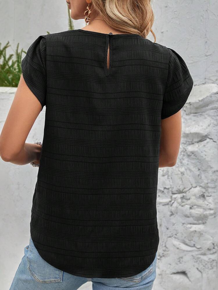 Solid Color Petal Sleeve Back Keyhole Blouse