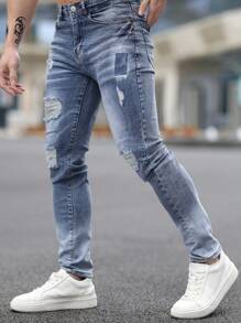 男士破洞牛仔裤，带口袋，时尚百搭长裤，个性化 - 藍色 - 查看 6