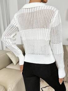 SHEIN LUNE Camisa feminina casual sólida com lapela Vazada, camisa de manga longa com botões, ideal para férias. - Branco - Visão 2