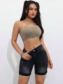 SHEIN Essnce Ladies' Fashionable Rolled Hem Denim Shorts For Summer - Black - View 2