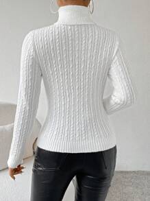 Chiquease Áo len cổ cao màu trơn đơn giản có họa tiết 3D, mùa Thu/Đông - trắng - Xem 2
