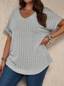 EMERY ROSE Plus Size Solid Color Ribbed Batwing Sleeve Casual Daily Summer T-Shirt
