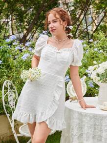 SHEIN Vestido corto de verano blanco con mangas abullonadas y lindos detalles de encaje para adolescente - Blanco - Ver 7