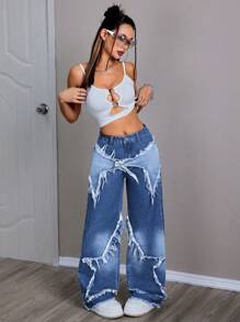 SHEIN EZwear Casual Washed Wide-Leg Baggy Jeans With Star Applique And Frayed Hem - Dark Wash - View 5