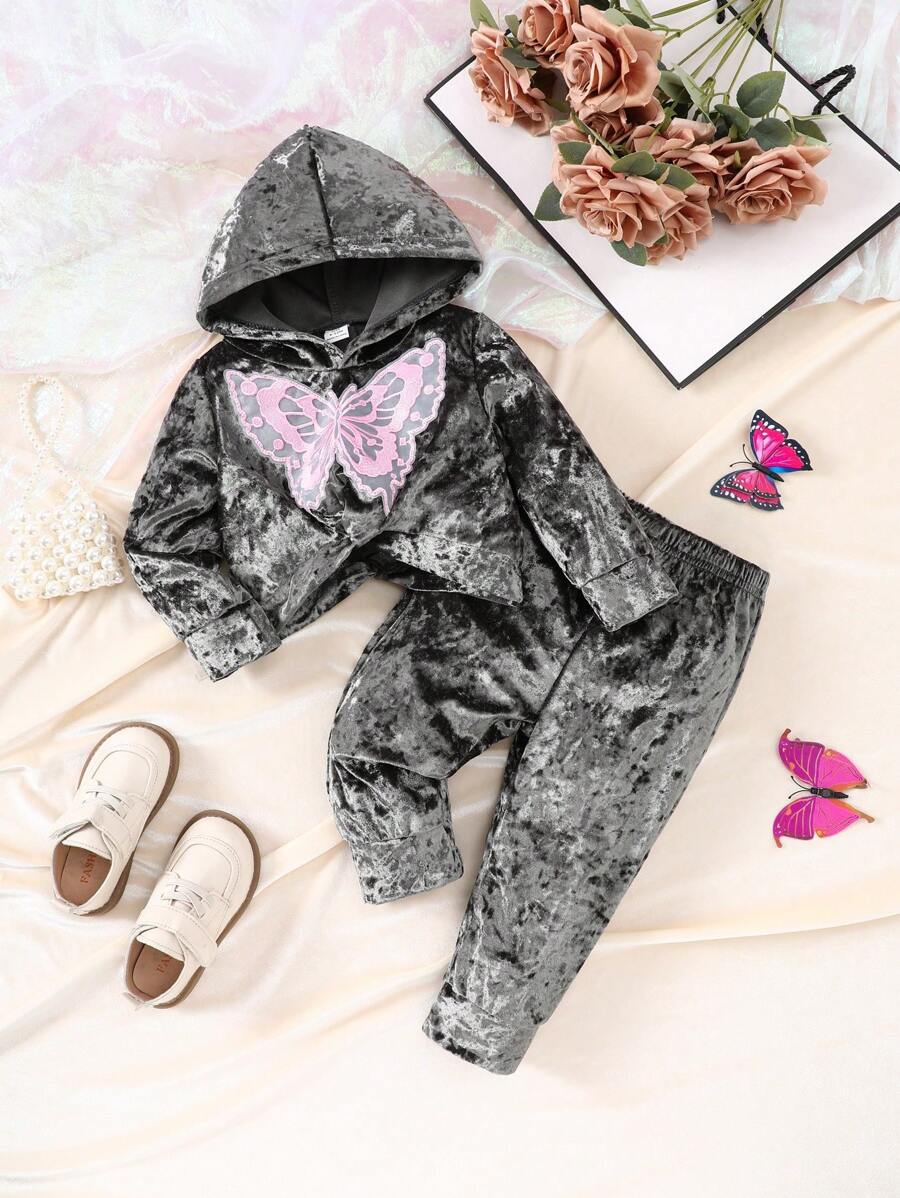 SHEIN 嬰兒女寶寶蝴蝶印花帽衫長袖上衣和褲子套裝 - 綠色 - 查看 1