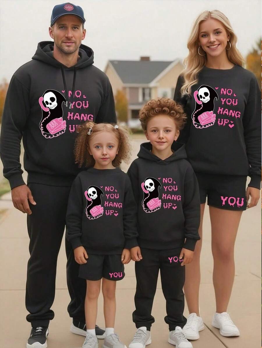SHEIN 2 pezzi Set casual da donna con felpa con cappuccio in pile con stampa di fulmini e lettere e pantaloncini larghi, ideale per Ognissanti - nero - Visualizzare 1