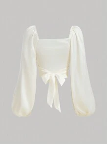SHEIN MOD 优雅女士纯色灯笼袖裹身衬衫（配领带），春夏 - 白色 - 查看 2