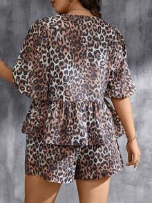 SHEIN Essnce Women's Plus Size Leopard Bow Tie Strap Top And Shorts Set - Multicolor - View 2