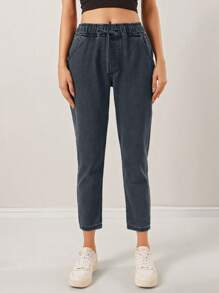 EURMUSE 休闲抽绳腰部锥形牛仔裤，具有水洗效果 - 灰色 - 查看 4