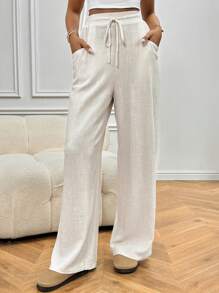 SHEIN Frenchy Quần ống đứng có dây rút eo - Màu be - Xem 5