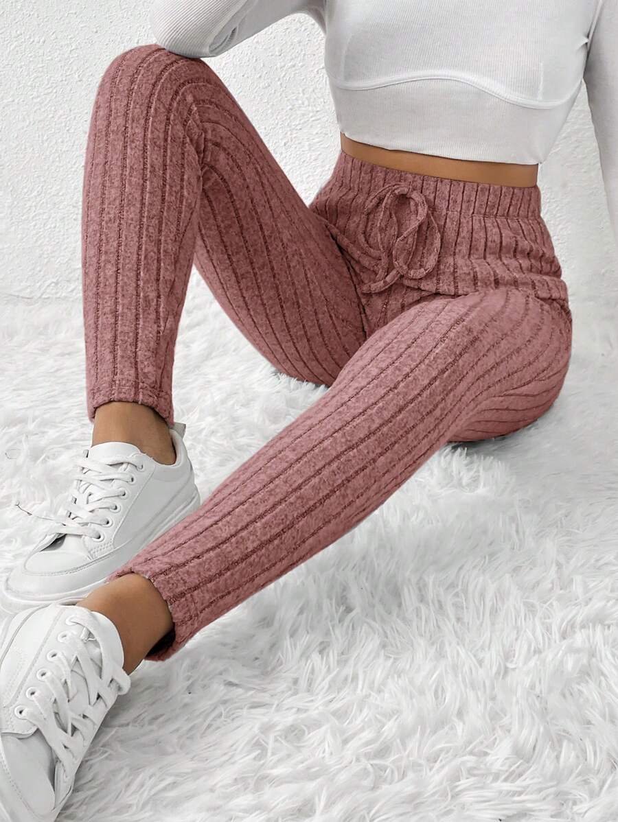 SHEIN Frenchy Casual Plain Ribbed Knit Leggings Winter Thanks Giving Pink