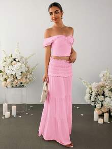 PARTHEA Off Shoulder Ruched Twist Fron Crop Top & Low Waist Ruffles Skirt Set - Pink - View 8