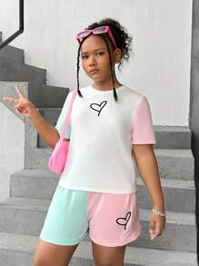 SHEIN Tween Girls Extended Size Loose Casual Round Neck Pullover Letter Printed T-Shirt And Pants Set With Color-Blocking Design - Multicolor - View 5