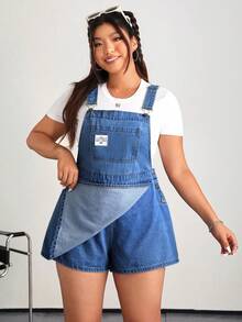 SHEIN EZwear 大码休闲水洗牛仔连身裙，带刺绣细节，夏季 - 中等水洗藍 - 查看 6