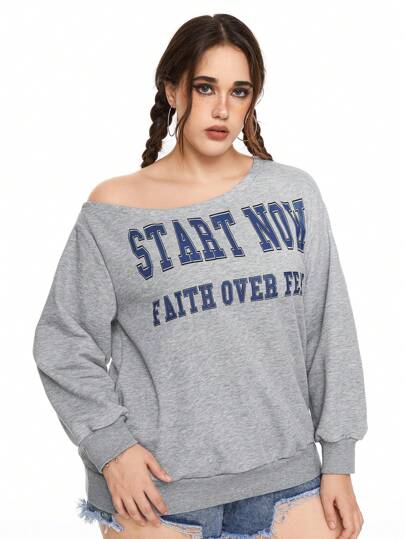 Grunge Punk Sudadera informal de talla grande con cuello asimétrico y letras impresas