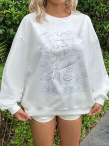 SHEIN EZwear 女士休闲圆领宽松套头运动衫，带有海滩和海洋图案，适合春季、夏季和秋季 - 白色 - 查看 5