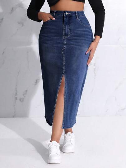 Minifalda vaquera casual ajustada con botones, presillas para cinturón, bolsillos y bajo con abertura, talla grande