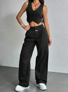 Muchica Summer Outfits Summer Sets Ladies' Solid Color Vest & Plaid Detail Pants Suit - Black - View 1