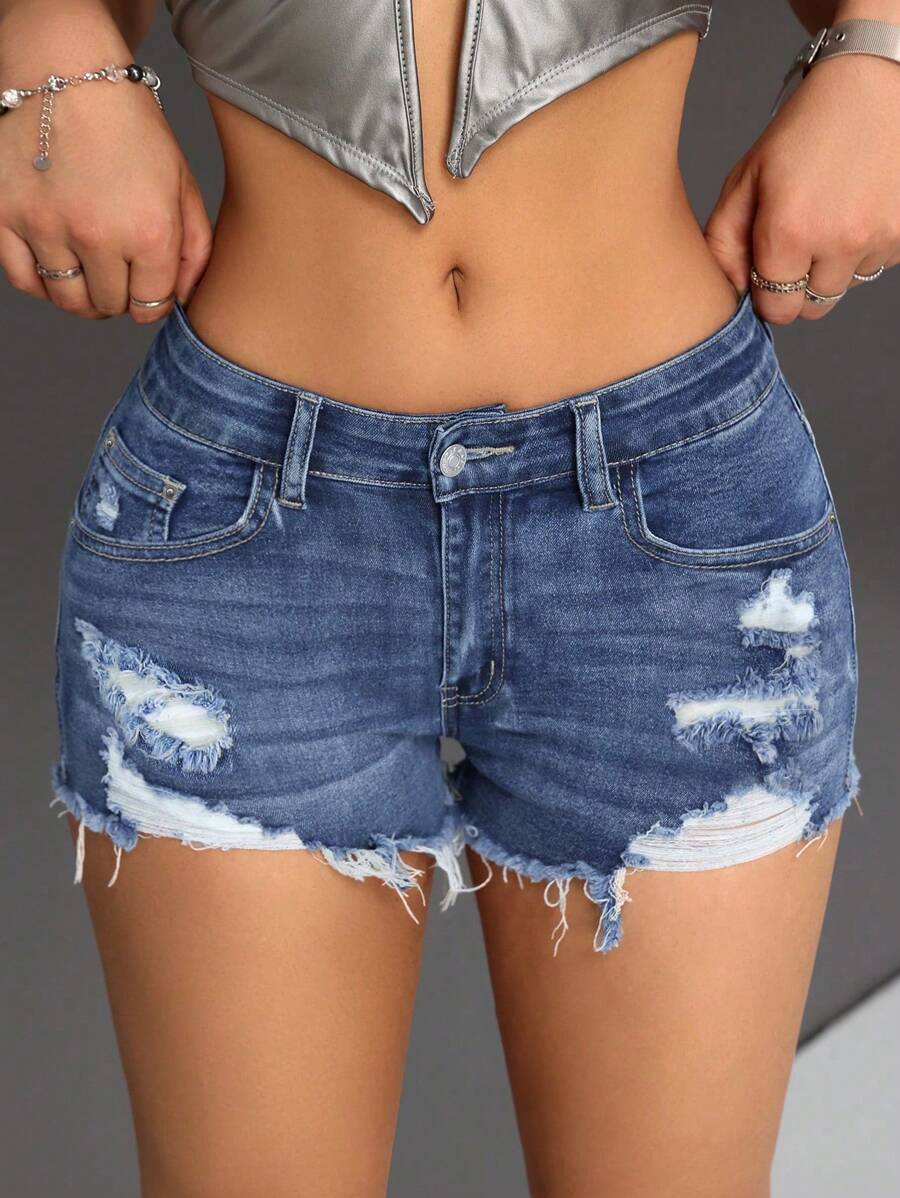 SHEIN PETITE Women's Denim Shorts With Distressed Detailing And Raw Hem Low Rise Shorts - Dark Wash - View 1