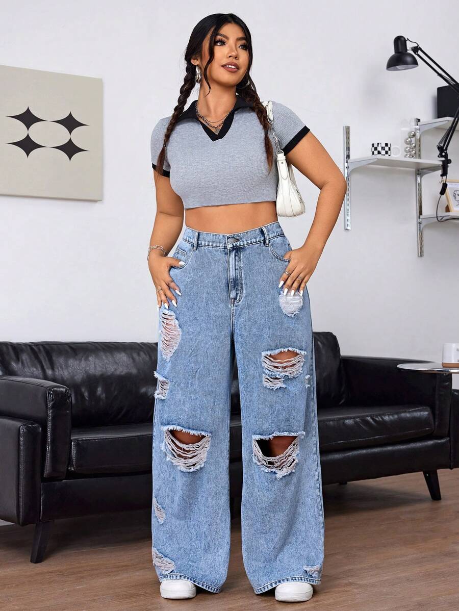 SHEIN EZwear Plus Size Casual Wide-Leg Distressed Washed Boyfriend Jeans - Blue - View 1