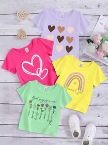 SHEIN 4入組寶寶女童休閒彩色心形愛心和字母標語短袖T卹套裝
