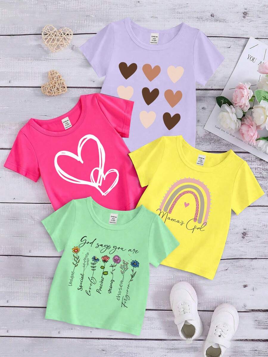 SHEIN 4入組寶寶女童休閒彩色心形愛心和字母標語短袖T卹套裝